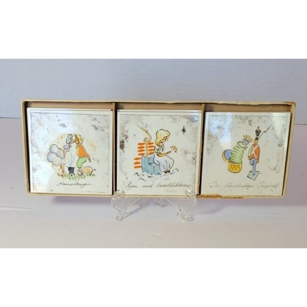 Vintage Handpainted S. Christian Denmark Tile Coaster Set of 6 Fairy Tale, NIB